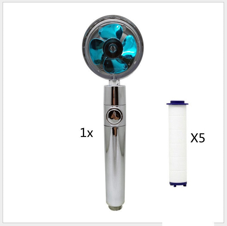Propeller Driven Shower Head With Stop Button And Cotton Filter